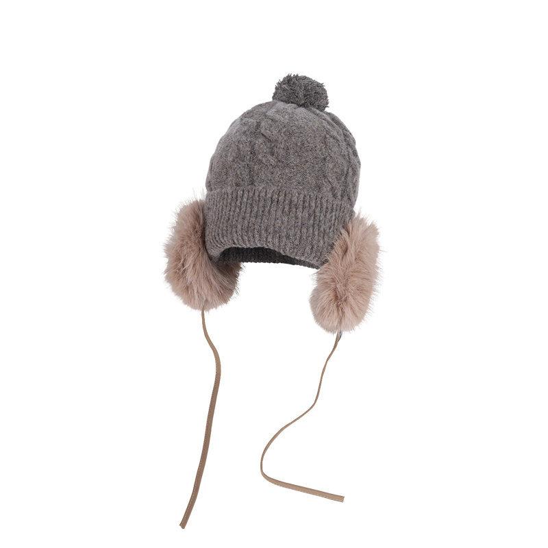 Retro hairball strap knitted hat women's winter warm wool hat showing a small face and cold-proof ear protection bag head hat