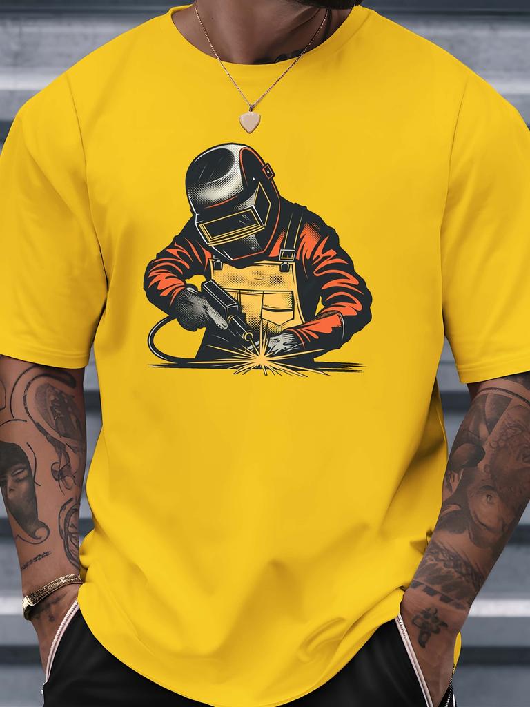 Retro Welder With Welding Spark Art Graphic Unisexs Cotton Crew Neck Tee Short Sleeve Loose Craftsunisex Casual Street Male Wear Top