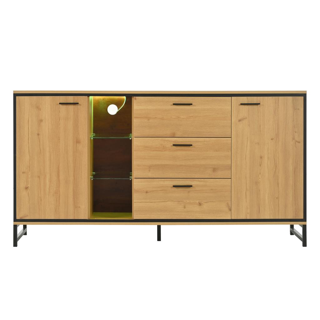 Sideboard with Three Drawers, Exquisite Grain. Modern Sideboard In Wood Color with Storage Compartments. Black and Wood Color.