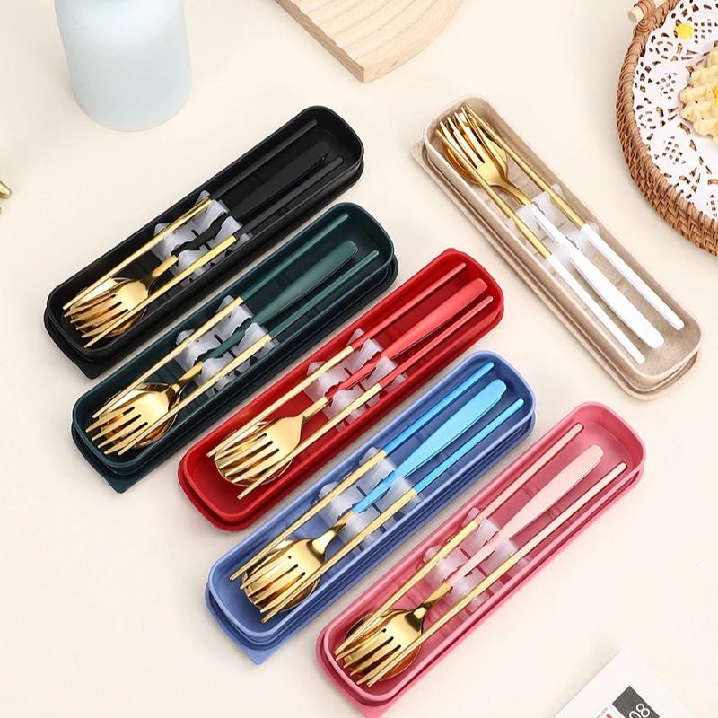 Edelstahl Besteckset Schlichtes Tragbares Geschirr Essstäbchen Löffel und Gabel Set mit Etui Bestecksets Küchenzubehör
