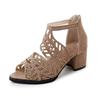Women Summer Hollow Out Faux Leather Rhinestones Thick Heel Zipper Sandals Shoes