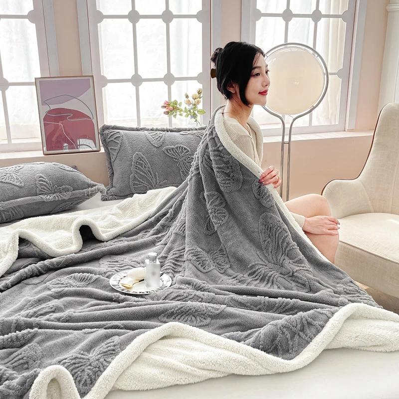 New Butterfly Tafu Velvet Blanket Warm Autumn Winter Soft Fluffy Bed Sofa Blankets Office Nap 2 Layer Thickened Throw Blanket