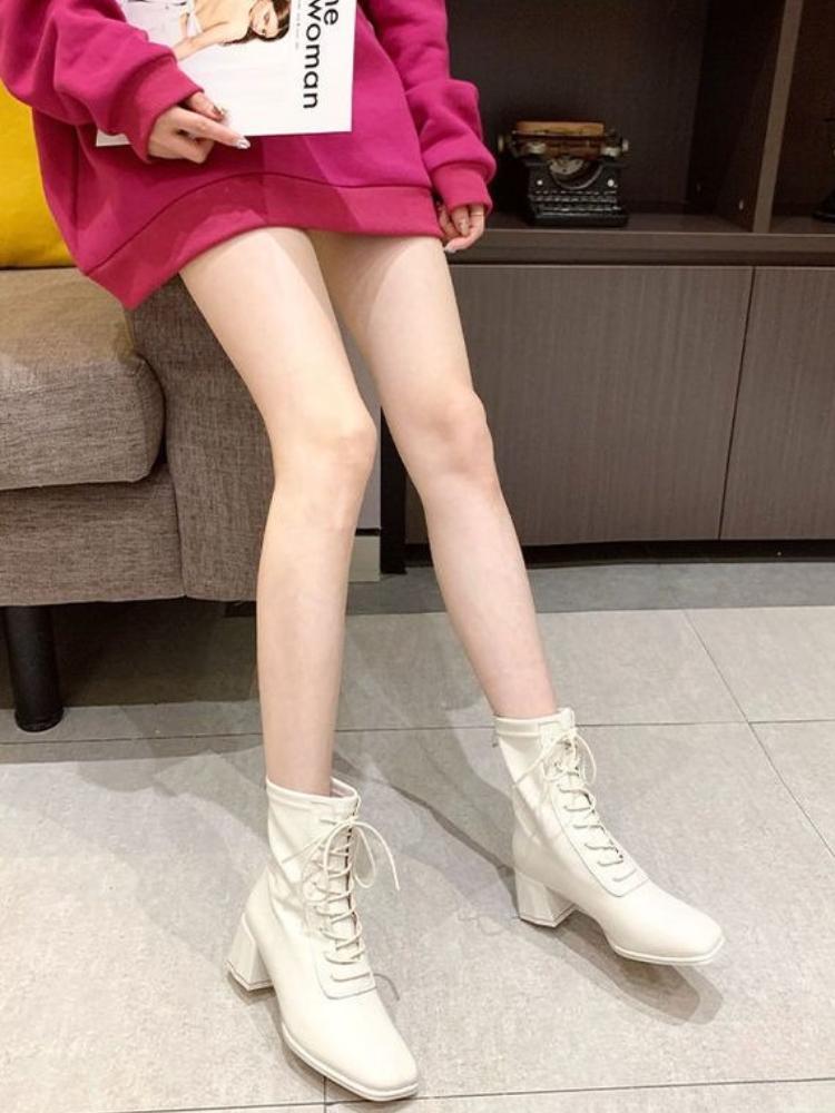 Fashion Elegant with Medium Heels Lace-up Women's Ankle Boots Square Toe Fleece-Lined Booties Autumn Winter Leather Female Short Shoes