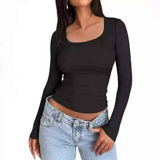 European & American Women's Slim-fit Milk Silk Long-sleeve Navel-baring T-shirt - Autumn Fashion Pullover.