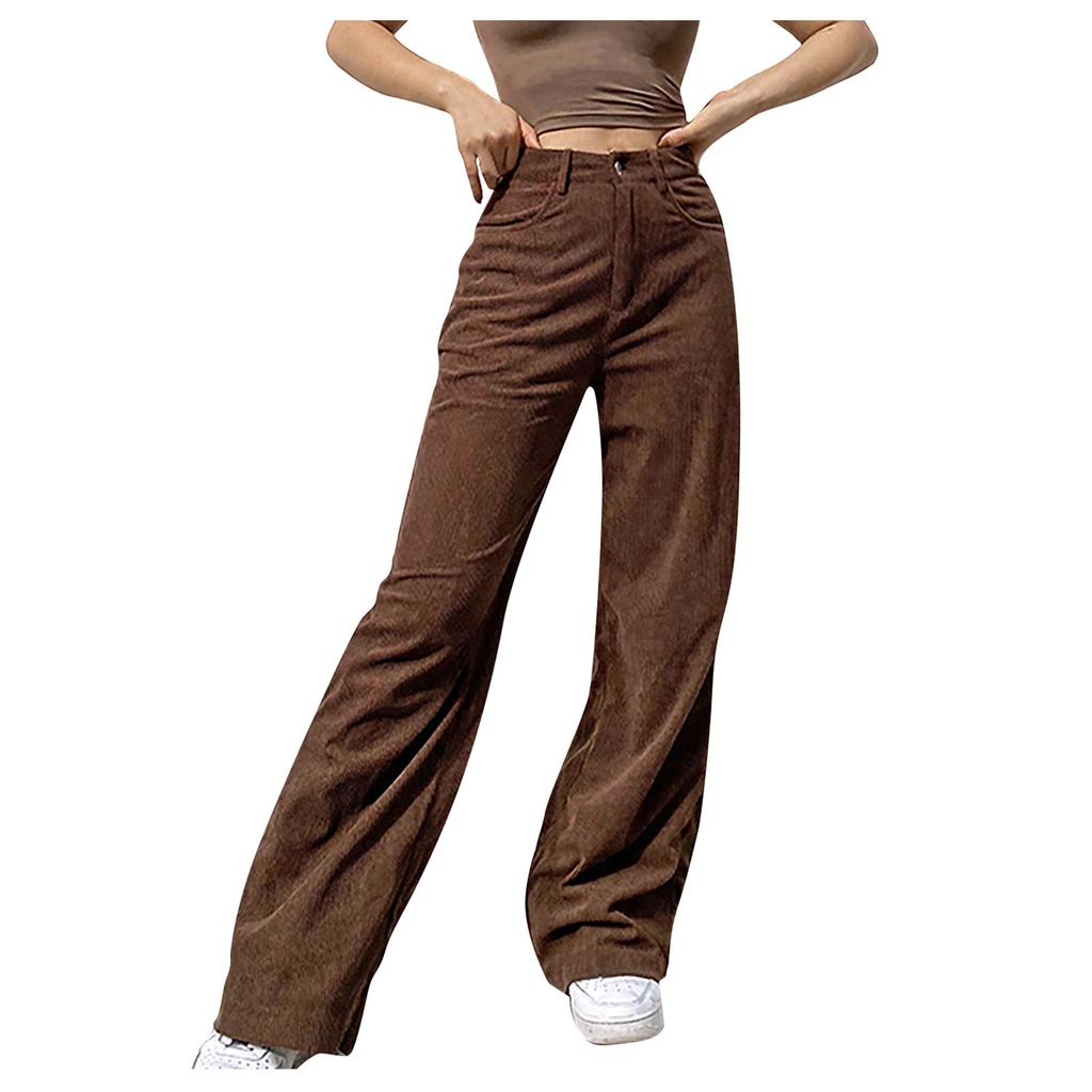 Women’s Solid Mid Waisted Wide Leg Pants Straight  Casual Baggy Trousers