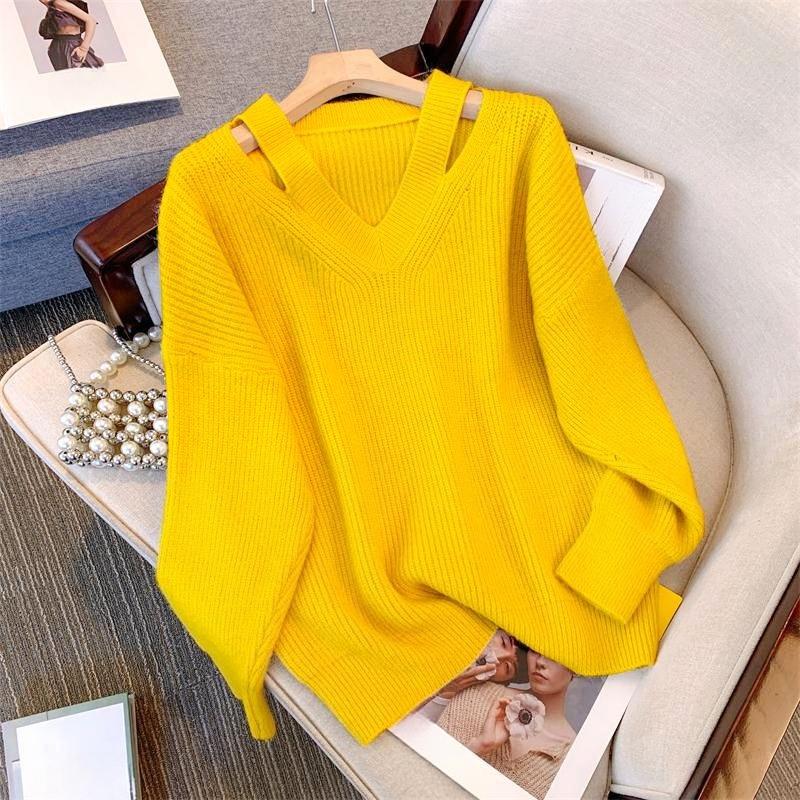 Women Lazy Style Loose Knit Pullover Off Shoulder V Neck Slant Neck Sweater Spring Autumn Plus Size