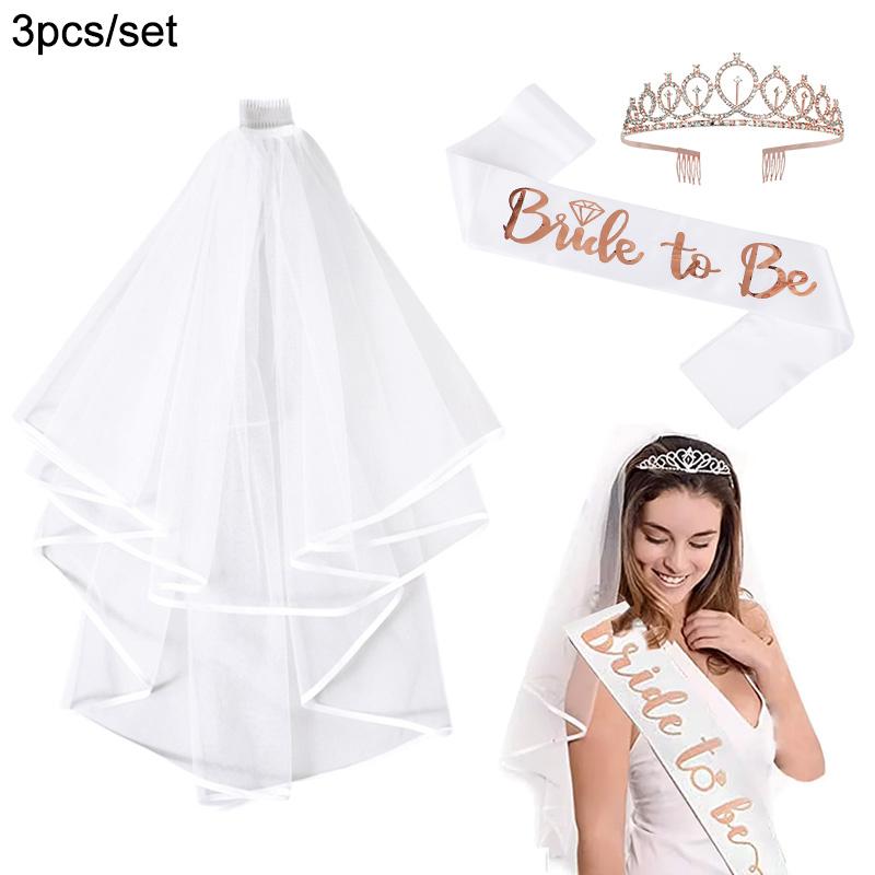 Hen Party Bride To Be Sash White Veil with Comb Rhinestone Tiara for Wedding Bridal Shower Decoration Bachelorette Party Gifts