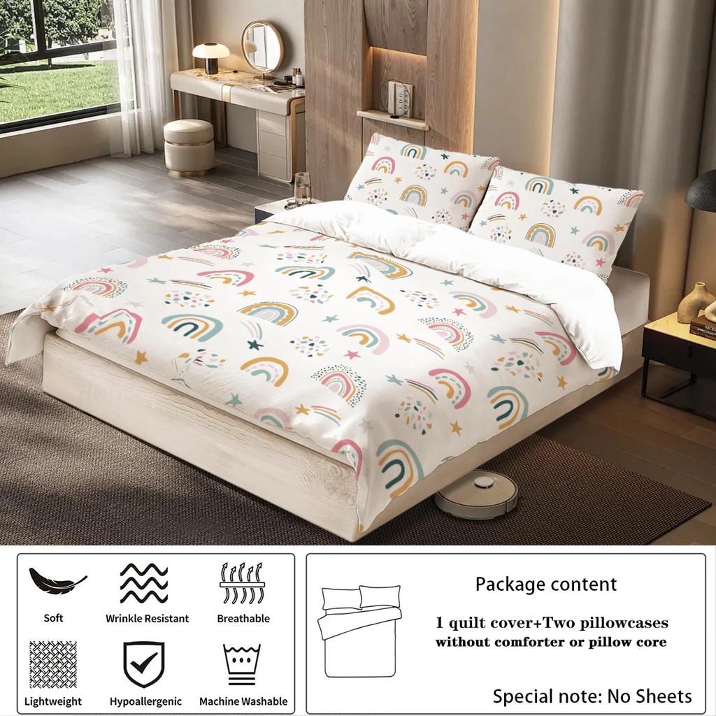 3-Piece Down Duvet Cover With Cartoon Rainbow Pattern Print (1 Duvet Cover+2 Pillowcases No Core) Girls' Bedding Set