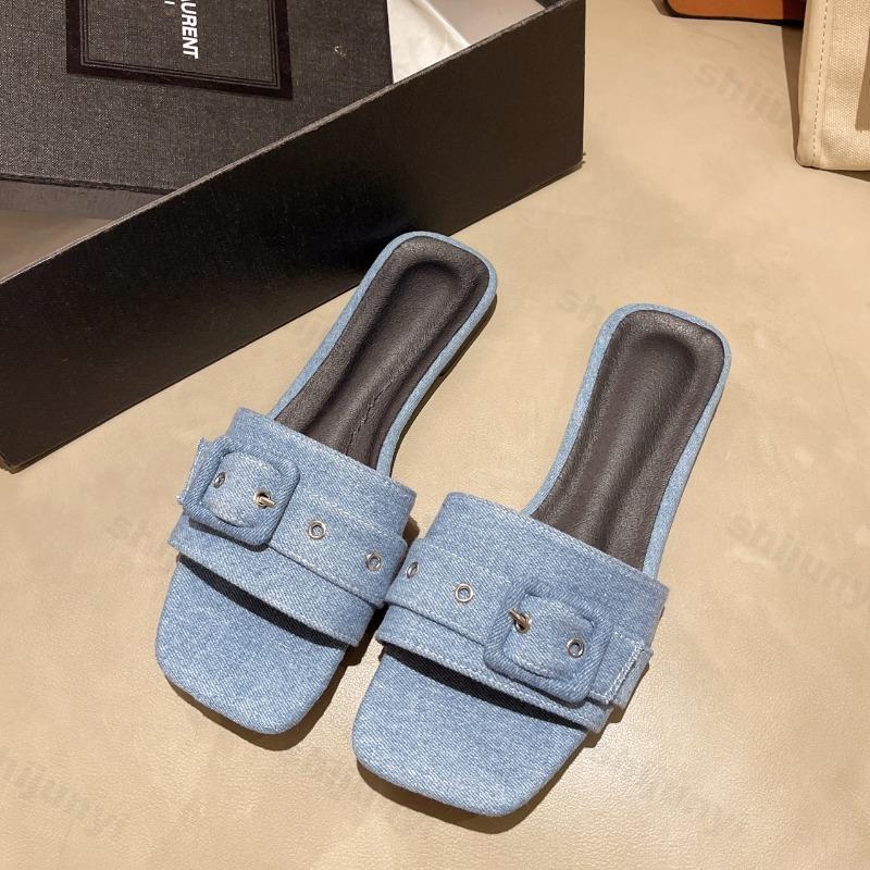 Fashion Cowboy Women Slippers Flats Sandals 2025 Summer Designer Flip Flops Outdoor Fashion Dress Casual Square Toe Buckle Beach Shoes