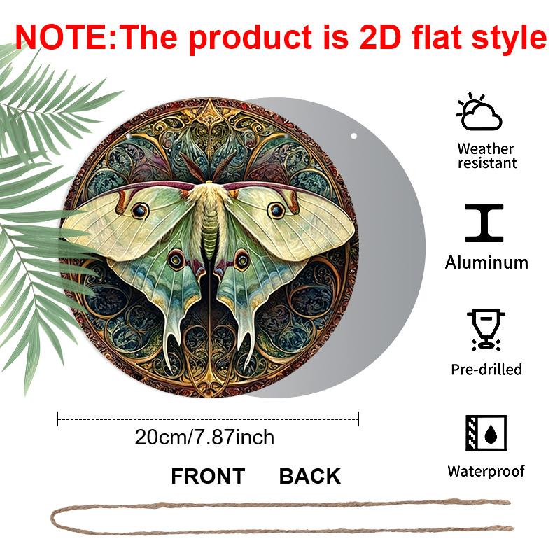 2D Flat, 1pc Round Aluminum Vintage Luna Moth Metal Sign with Intricate Wing Design, Ornate Art Nouveau Wall Plaque, Waterproof Rustproof Decor