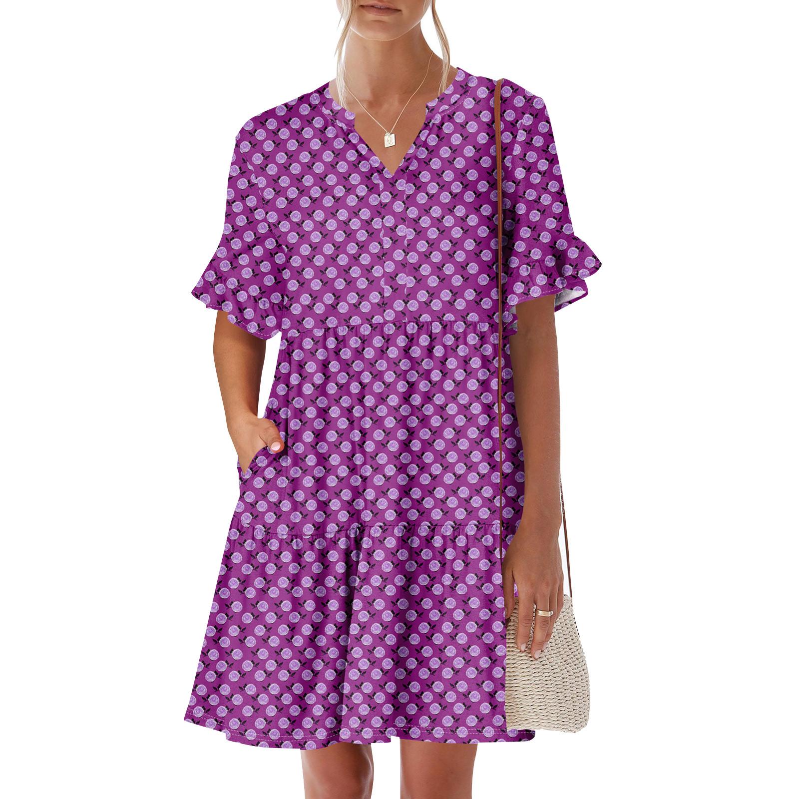 

Жіноча літня сукня з коротким рукавом, V-подібним вирізом, короткі сукні, мода, повсякденний, квітковий, бохо, рюшами, трапецієподібний, свінг-сарафан з кишенями L фіолетовий