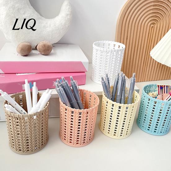 Pencil And Gadget Holder Imitation Rattan Pen Holder, Round Hollow Desk Organizer, Large Capacity Moisture-proof Cup for Pens Pencils Makeup Brushes,