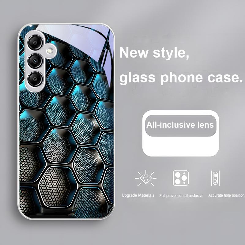 Blue Gradient Grid For Samsung Galaxy A01 02 03 Core A04 A14 4G A13 54 34 31 20 25 23 22 5G S21 Ultra S20 Glass Phone Case