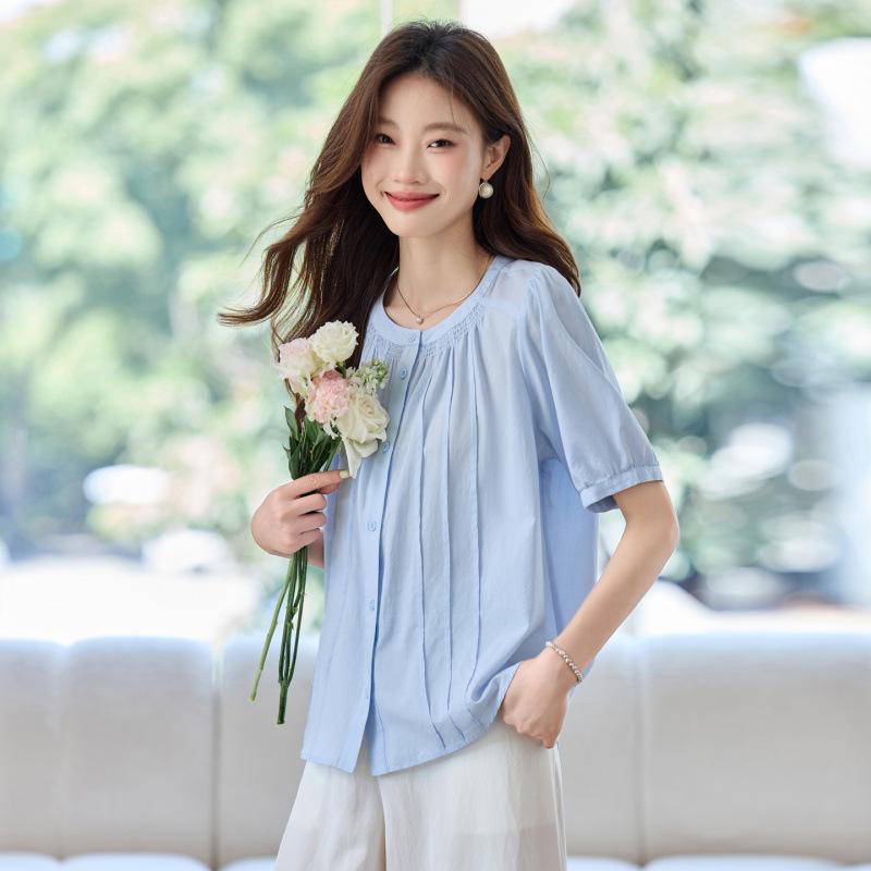 Summer thin pleated design bubble sleeves loose and versatile small casual shirt women