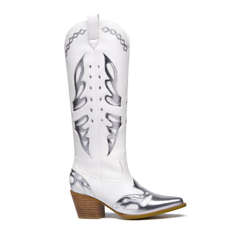 European and American new thick heel pointed head silver and white color matching western boots V mouth but knee high heel sleeve fashion boots women