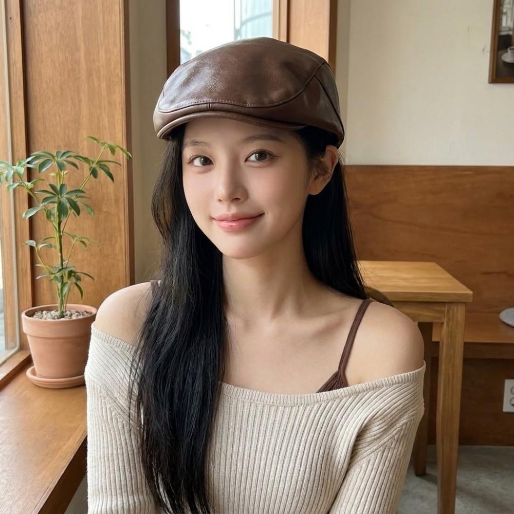 Gothic Y2k Berets Hat Harajuku Painter Hat Casual PU Leather Berets Hat Women