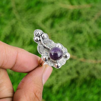 925 Sterling Silver Natural African Amethyst Sister Stackable Trendy Flower Ring