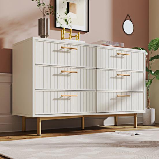 Bedroom Dresser Storage Cabinet, Chest of Drawers with 6 Drawers, White Sideboard Drawer Cabinet High Board for & All Living Rooms, Closet