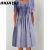 IHUASU 30 Color Pleated Midi Dress Short Sleeve Round Neck Loose Hem Mid-Calf Length Women Floral A-Line Party Dress Casual Wear