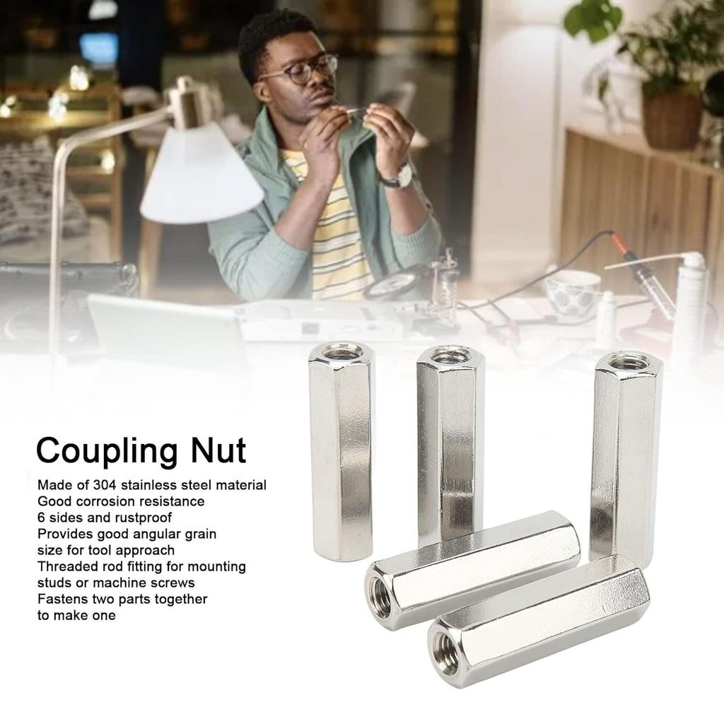 5 Pcs Hex Coupling Nut M10 X 1.5 Female Thread 17mm Outer Diameter 60mm Length Nuts Connector 304 Stainless Steel Silver Rod Coupling Nuts