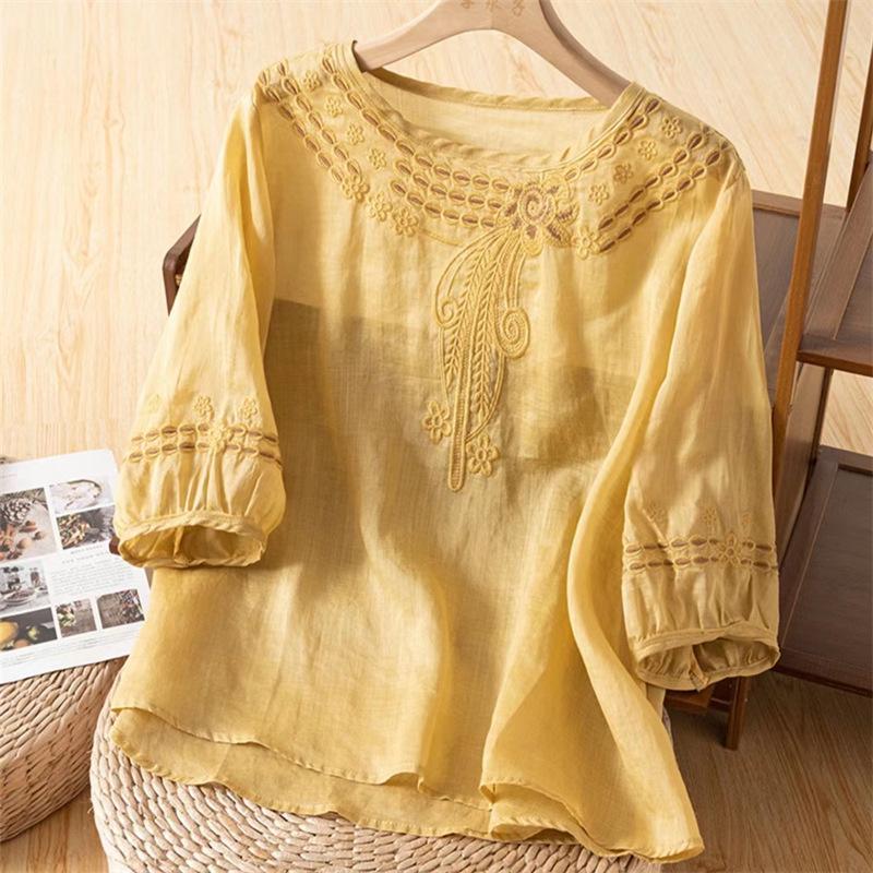Women's Summer Cotton Linen Embroidered Blouse Chinese Style Plus Size 3/4 Sleeve Round Neck Loose Casual Vintage Daily Wear Top