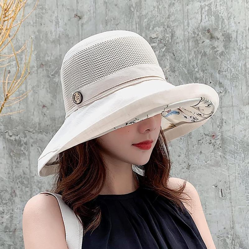 1pc Women Mesh Sun Hats with Wide Brim,Beach Hiking Summer Wide Brim UPF Outdoor Protection Multi-functional Foldable Bucket Hat