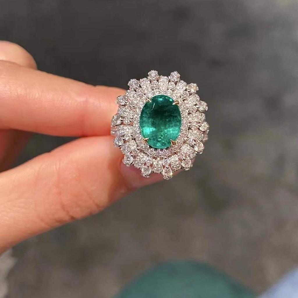 Xiancan Jewelry Oval Faceted Green Zircon Ring In 925 Silver with Multi-Layer Diamond Pave, European-American Style.