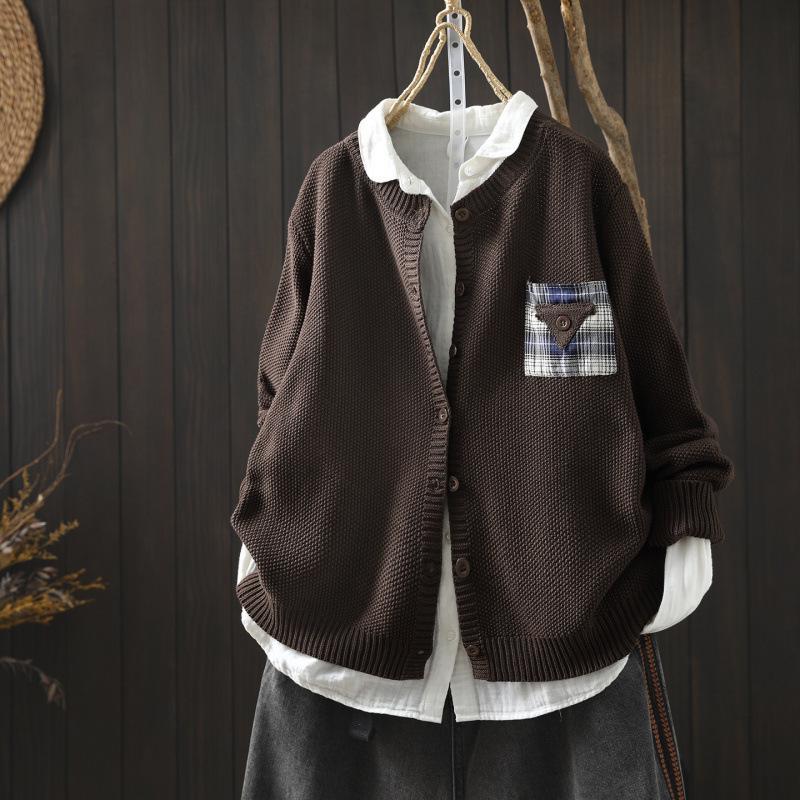 Women's Yellow Cotton Cardigan with Pockets - 2026 Spring Collection, Artistic & Lazy Style Knitwear