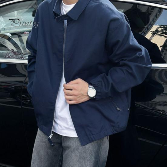 Men Coat Lapel Collar Long Sleeve Solid Color Jacket with Pockets Loose Fit Street Style Casual Outerwear