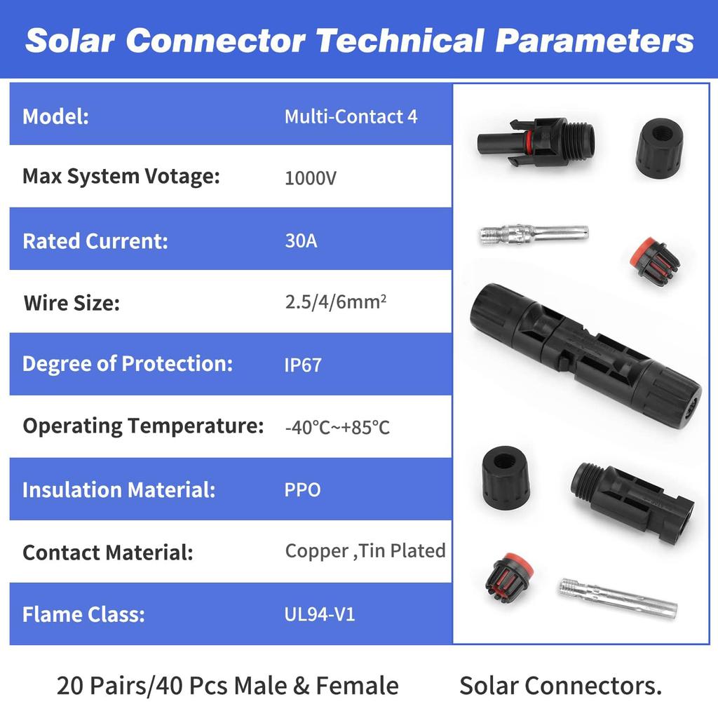 Male and Female Solar Panel Cable Connectors Waterproof Seal Ring Connector Y /T Branch Parallel for Solar System Use
