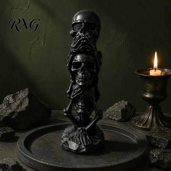 Creative Resin Crafts 3D Printed Triple Skull Statue, Halloween Horror Hear No Evil See Skeleton Figurines Speak Figurine, Desk Decor for Home Office