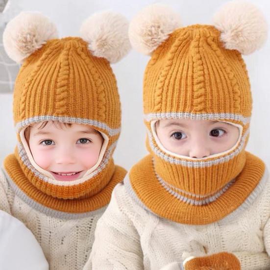 Children Hat Plush Balls Decor Thickened Knitting Hat 3-in-1 Design Hat Scarf Face Guard Headgear Elastic Fit Windproof Hat