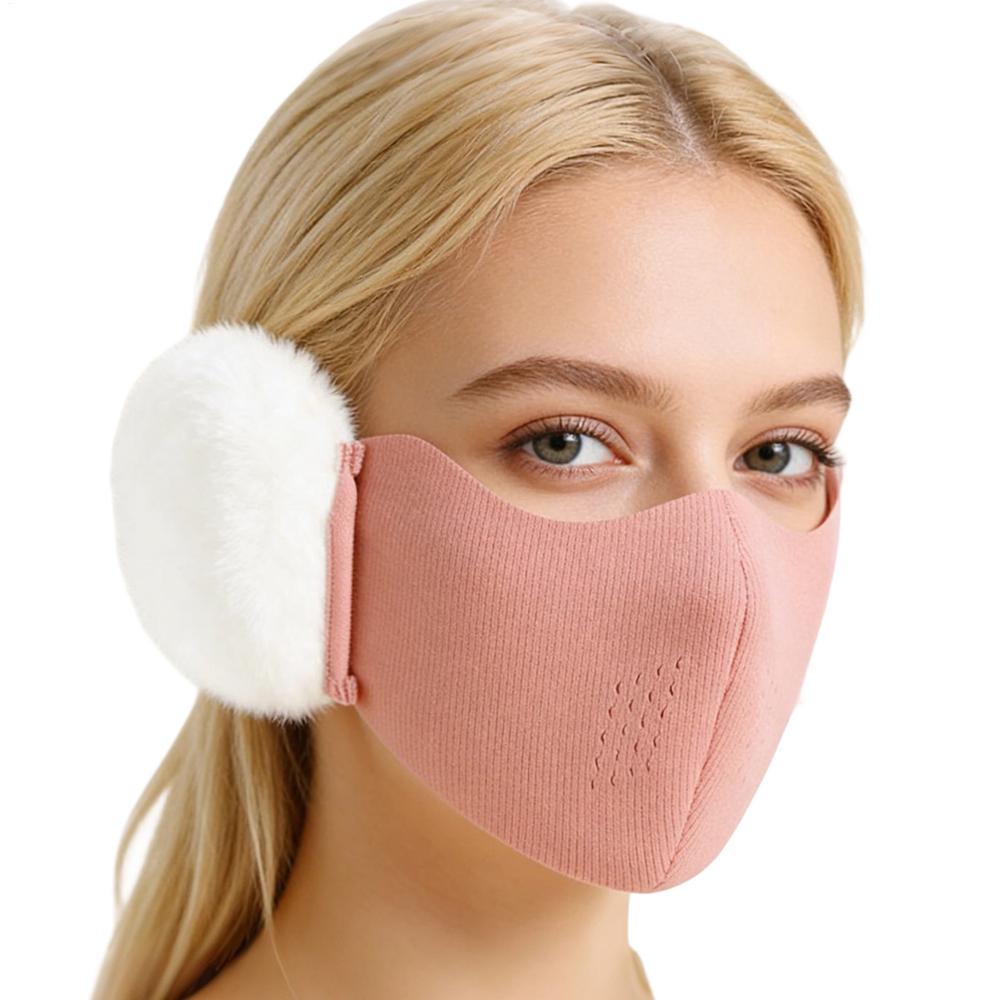 Winter Windproof Cycling Face Mask With Detachable Fluffy Earmuffs, Breathable Outdoor Face Cover For Winter Skiing Hiking розовый