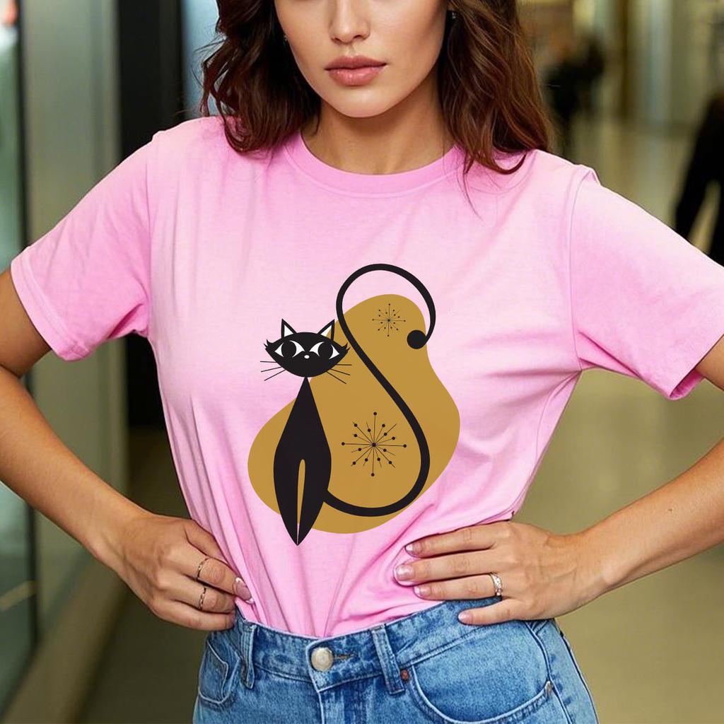 Fashionable Cat Print Pattern Tshirt Casual Short Sleeved Round Neck Top Versatile Womens Tshirt Suitable for All Seasons