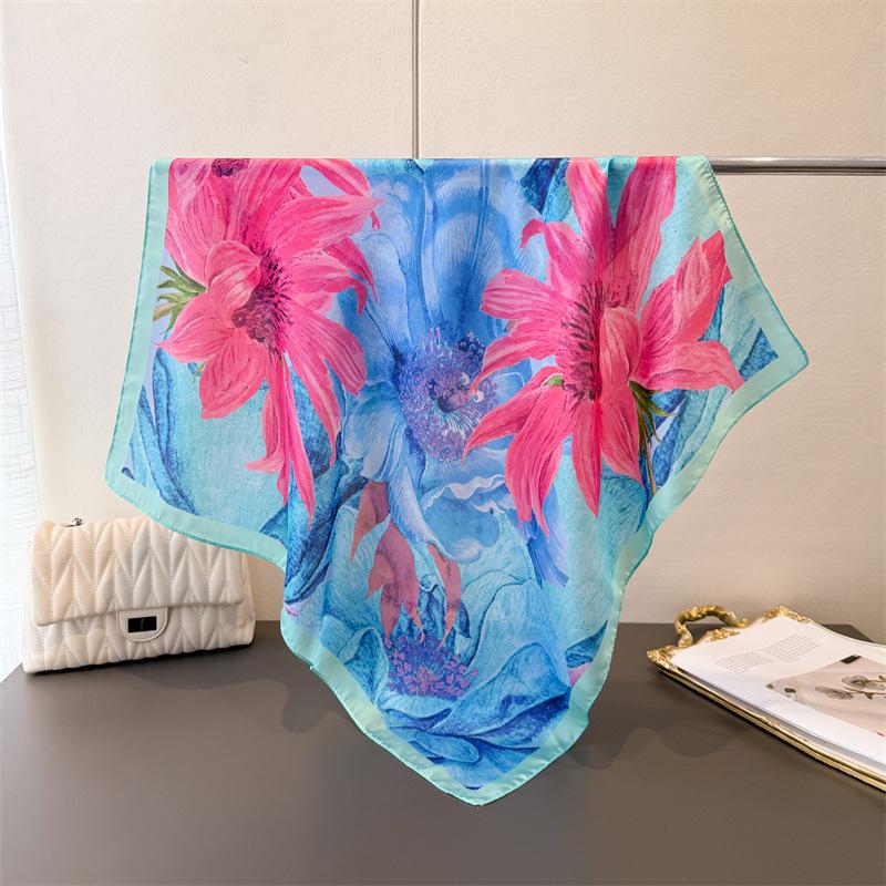 New Floral Print Square Silk Scarf For Women Headscarves Summer Foulard Bandana Hijab Headscarf Neck Tie Soft Neckerchief