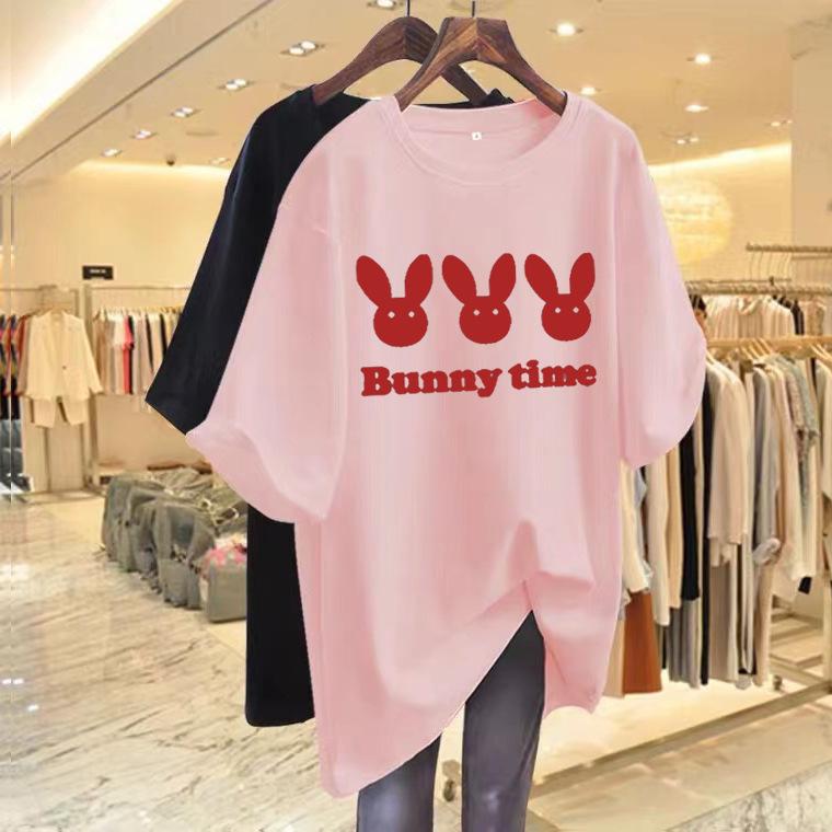 Medium and long short-sleeved t-shirt women's 2025 new rabbit print white loose and thin trendy short-sleeved top trendy