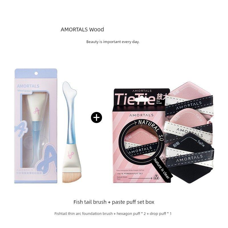 AMORTALS Fishtail Thin Arc Word Powder Foundation Brush plus Palette Flathead Blade Seamless Liquid Foundation Cosmetic Brush