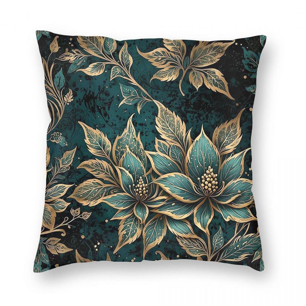 Türkis-Gold Botanische Kissenbezüge Polyester Leinen Samt Bedruckt Reißverschluss Dekor Kissenbezug Auto Kissenbezug x