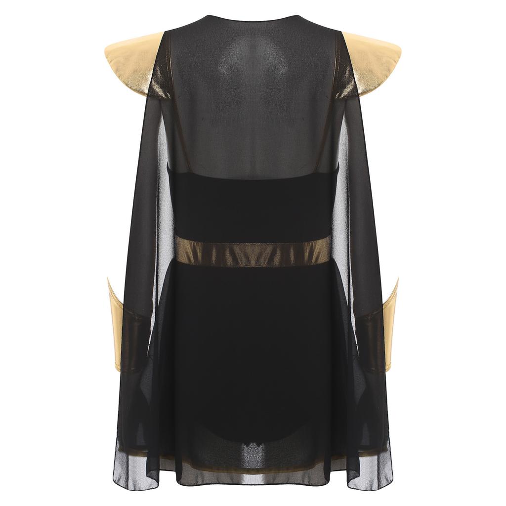 Womens Roman Toga Costume Petal Skirt Bodysuit Integrated Cape Design Ancient Theme Metallic Wristbands