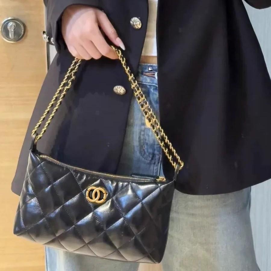 Rhombus Chain Hobo Dumpling Bag Black Sheepskin Double Circle Hardware Underarm Bag Method Stick Shoulder Bag Women