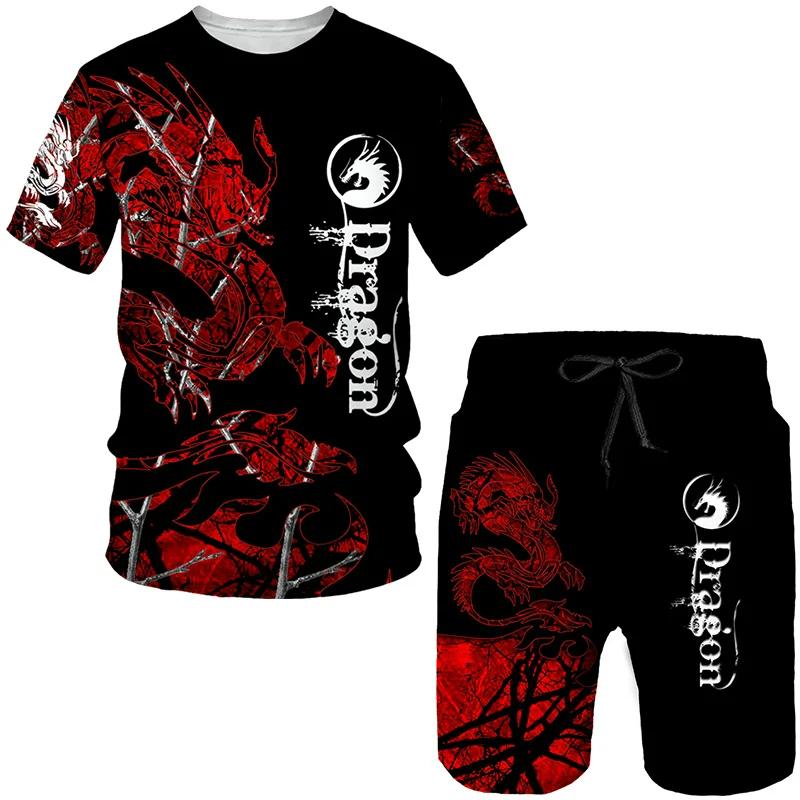 Sommer Herren T-Shirts + Shorts mit Drachenlord-Muster, 2-teiliges Outfit, lässige Shorts-Sets, 3D-Druck, coole Herrenkleidung, O-Ausschnitt, Trainingsanzug