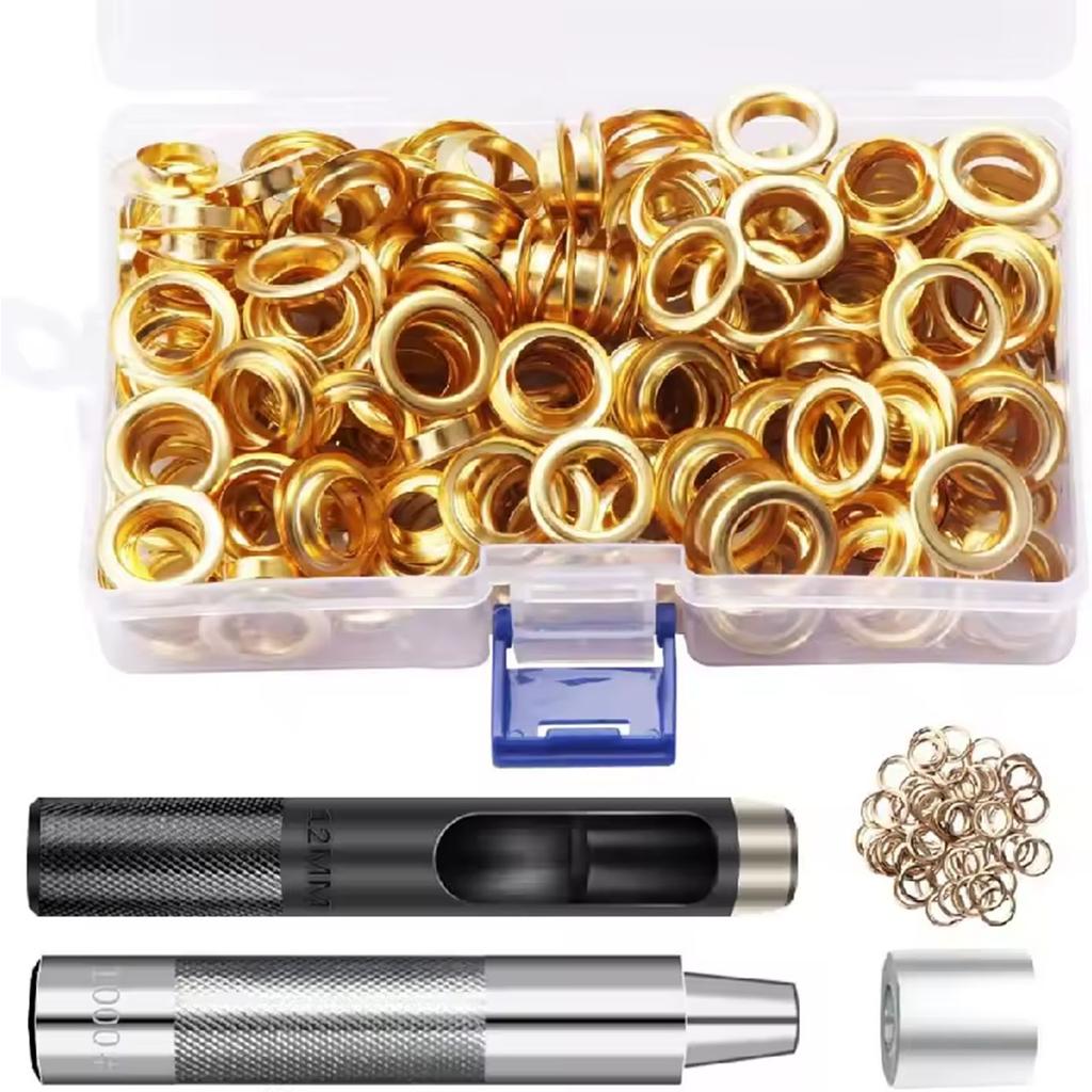 Rosfix Złoty Zestaw Oczek do Plandek 12mm – 100 Metalowych Oczek z Dziurkaczem i Zakuwakiem | Odporne na Korozję | Do Namiotów i Banerów