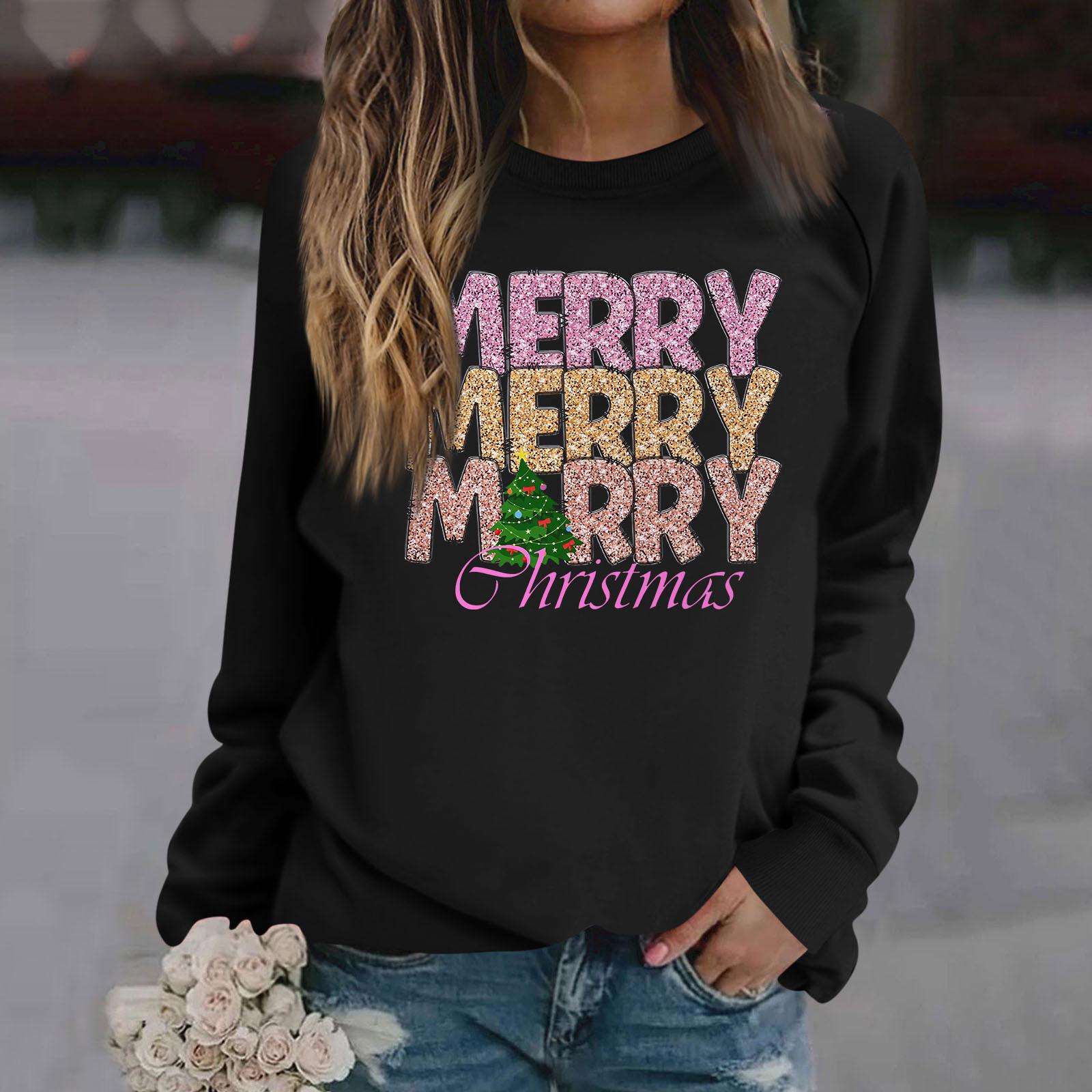 

Женские футболки, свободные, модные и повседневные толстовки с круглым вырезом и длинными рукавами с рождественским принтом L чёрный