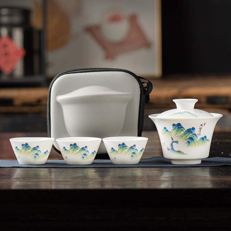 Travel Tea Set, Bowl Lid, Gaiwan,Tea Cup, Outdoor Kung Fu Tea Set, Portable Kuaike Cup, Sheep Fat Jade White Porcelain Gift