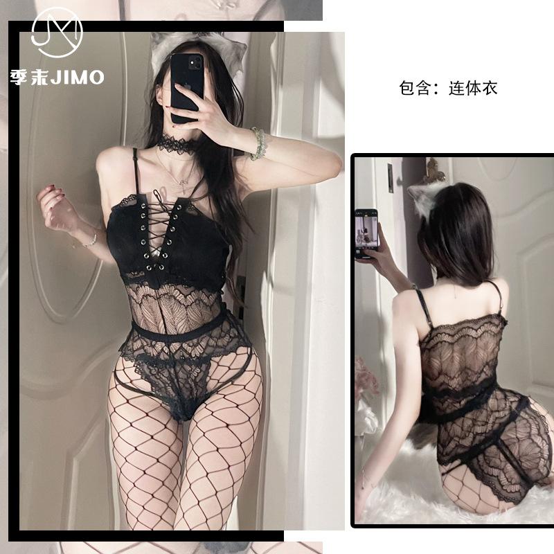 Sex underwear, sexy transparent lace one-piece clothes, free-to-take open crotch uniform temptation suit, hollow