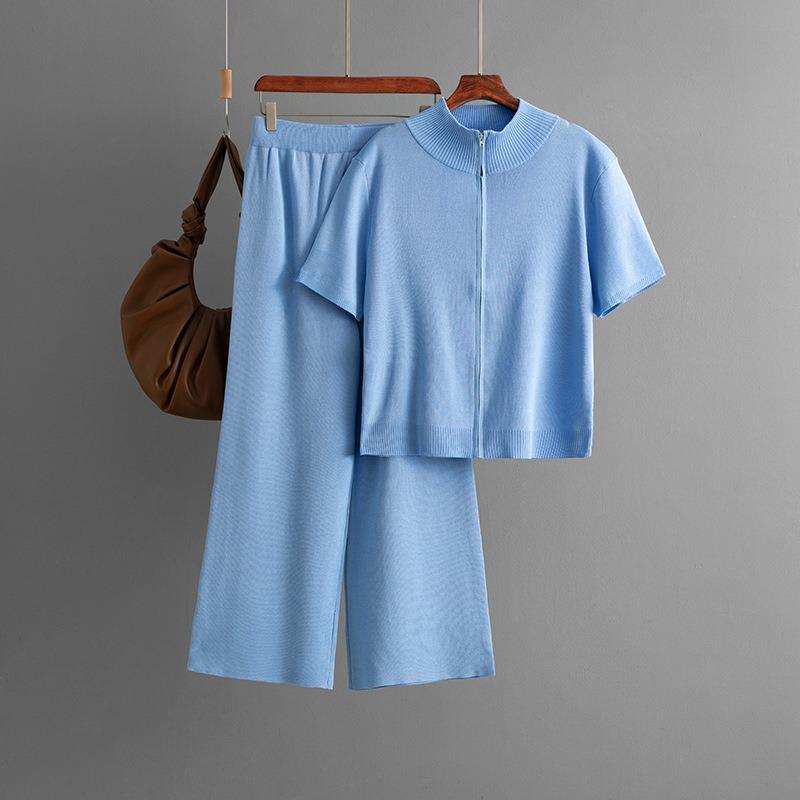 Women's Fashion Semi-turtleneck Solid Color Short-sleeved Zipper Set + Wide-leg Pants Two-piece Set