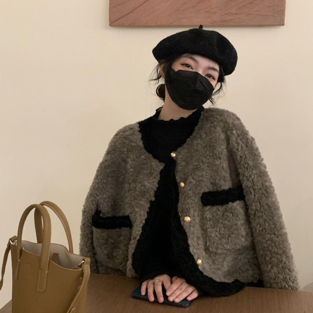 Retro temperament loose contrasting color round neck thickened lamb wool autumn and winter thickened wool imitation fur coat women