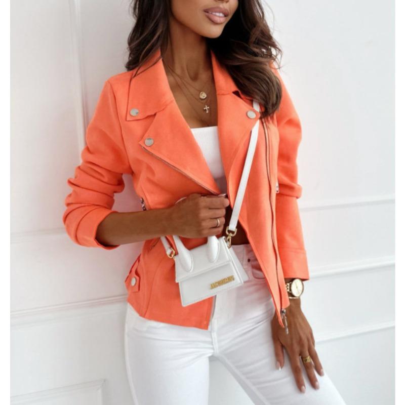 Nowa kurtka slim fit z krótkim kołnierzem zapinaną na zamek, krótka kurtka z jeleniej skóry dla kobiet