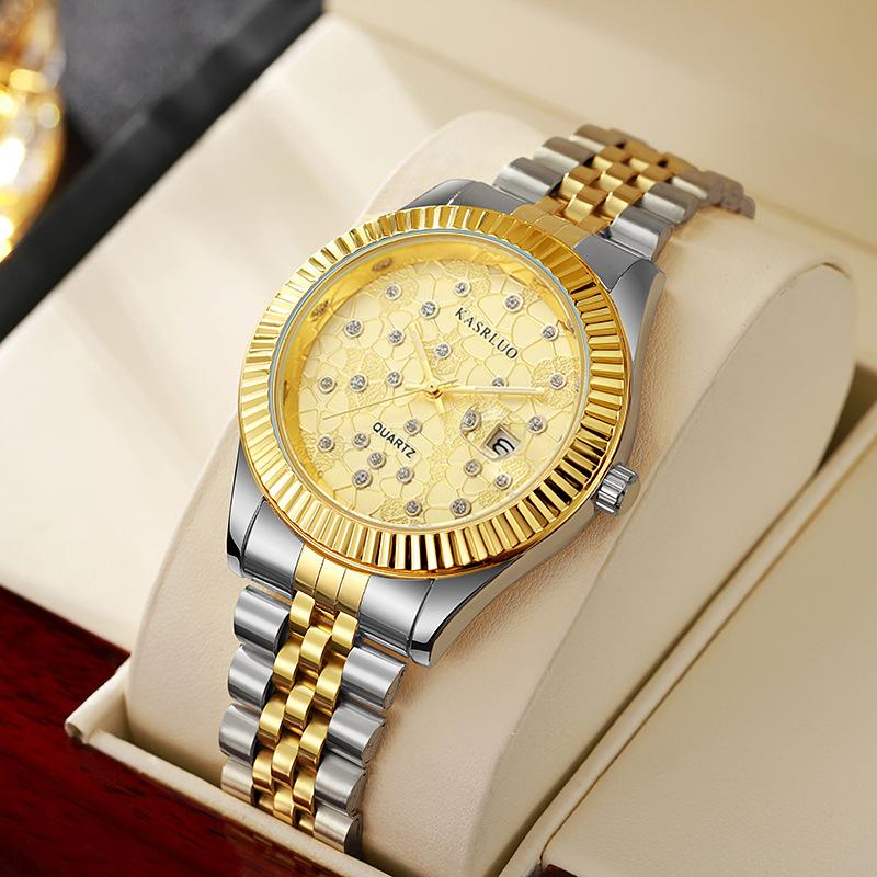 Men And Women Steel Belt Couple Gold Leisure Quartz Watch Diamond Calendar Business Watch Luminous Watch
