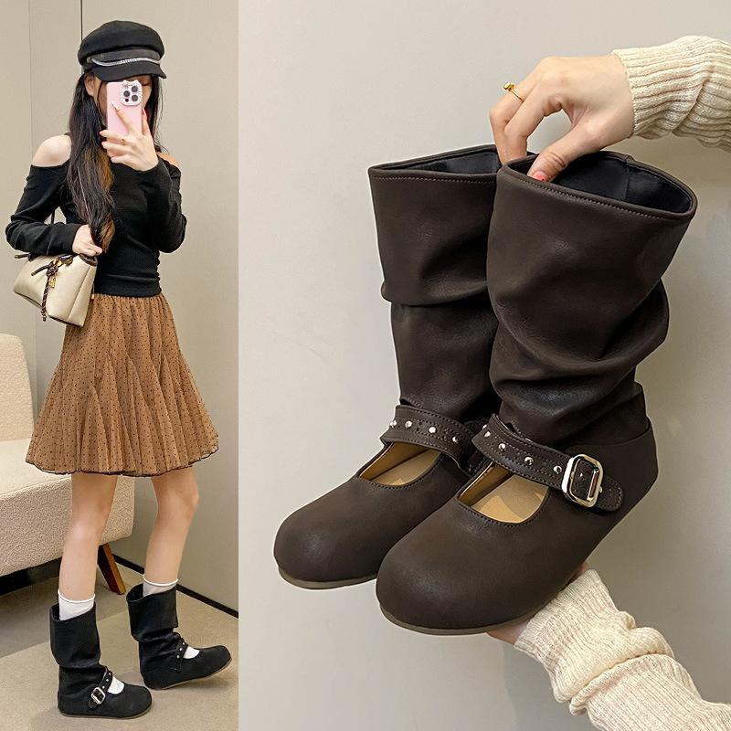One-pedal medium boots women's autumn new short boots belt buckle thick-soled round head sleeve fashion boots